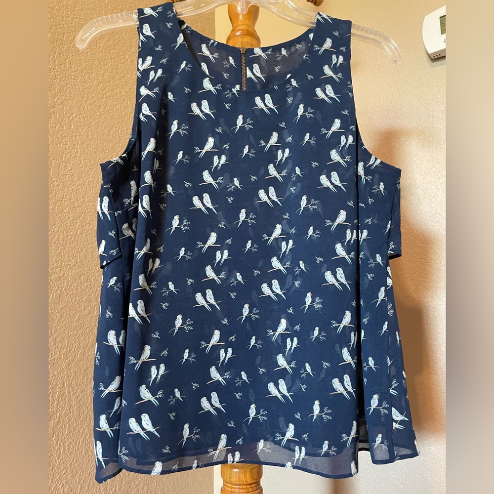 CAbi Dark Blue Sleeveless Top with Bird Pattern